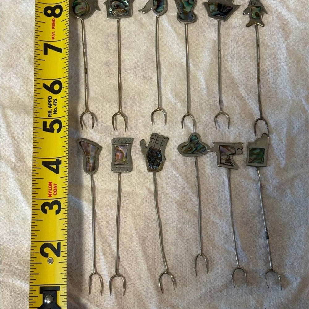 Alpaca Silver and Abalone Cocktail Picks Vintage - set of 12.